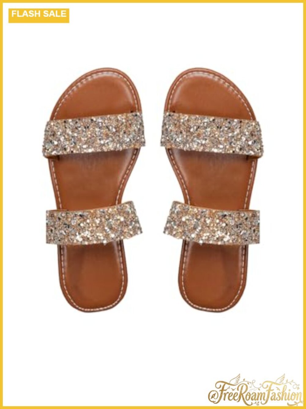 Glitter Rhinestone Flat Sandals Open Toe Double Strap Slip On Slides